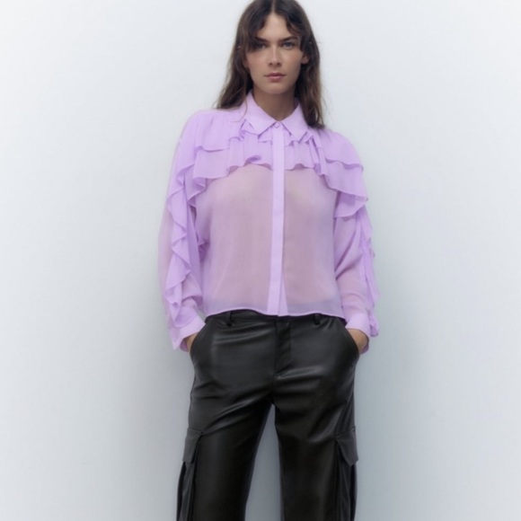 Zara doble ruffle lilac flowy shirt designer - Picture 3 of 5